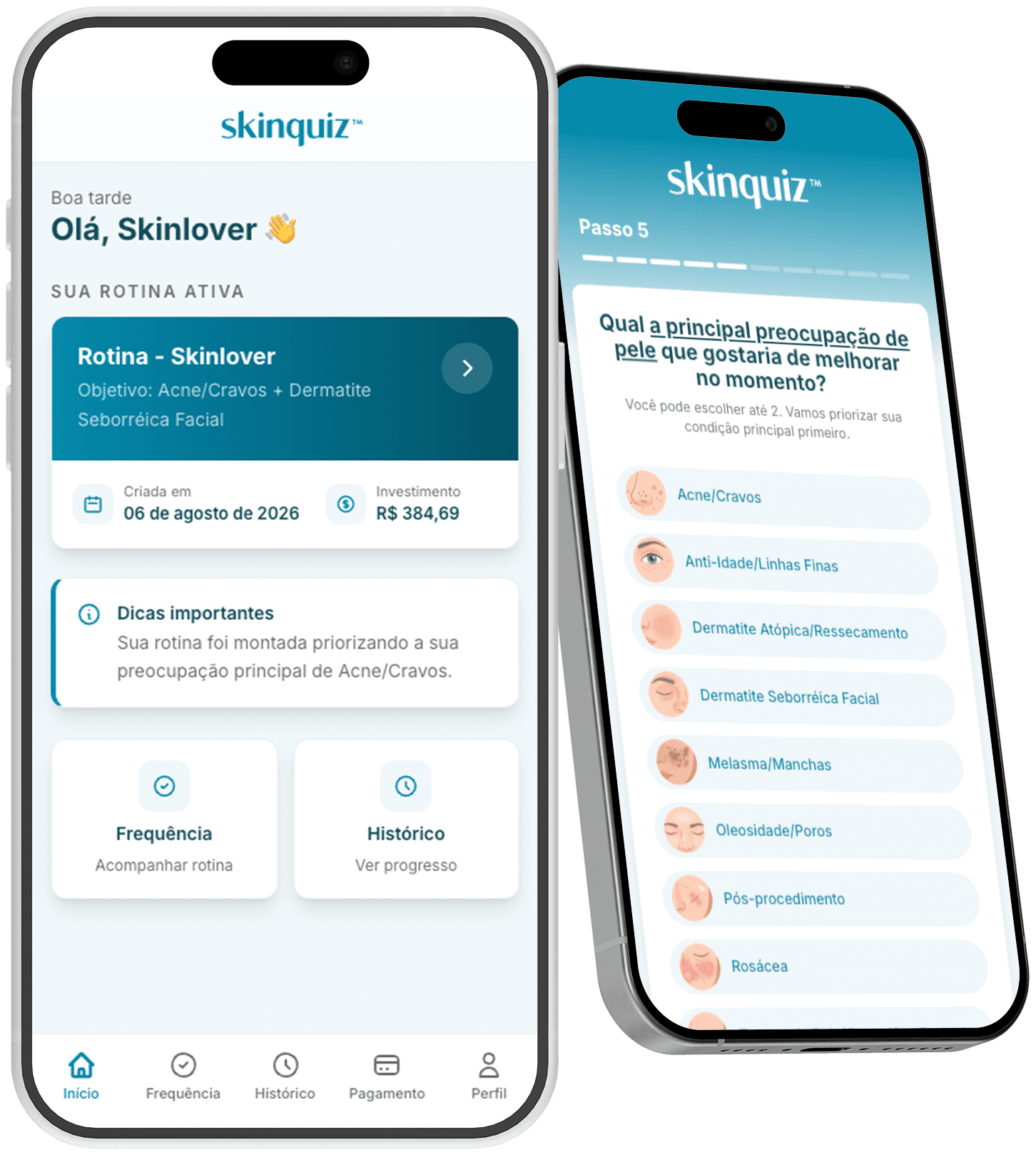 Telas do Skinquiz no celular: painel com a rotina ativa e uma pergunta do quiz